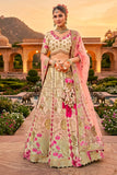 Charming Beige and Pink Embroidered Silk Lehenga Choli with Net Dupatta