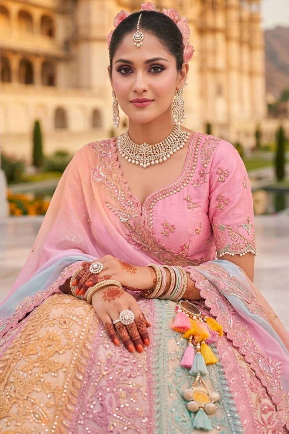 Pastel Multicolor Organza Embroidered Lehenga Set with Ombre Net Dupatta