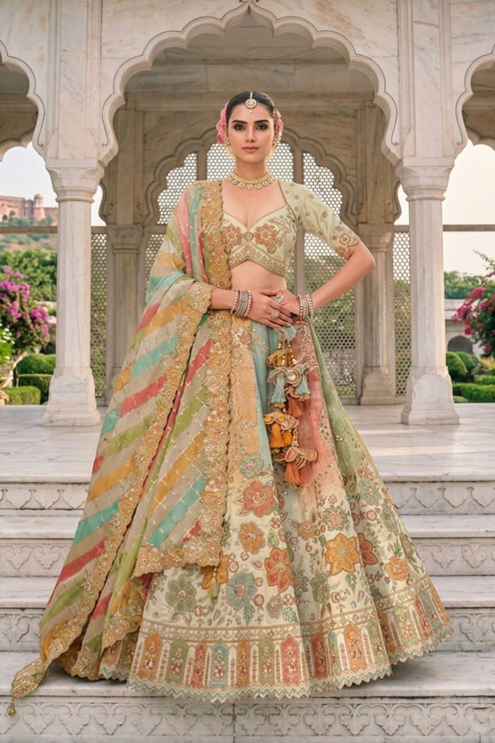 Multicolor Silk Blend Embroidered Bridal Lehenga with Thread Embroidery and Sequins Work
