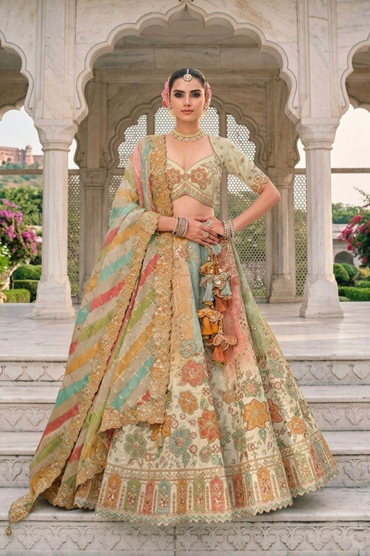 Multicolor Silk Blend Embroidered Bridal Lehenga with Thread Embroidery and Sequins Work