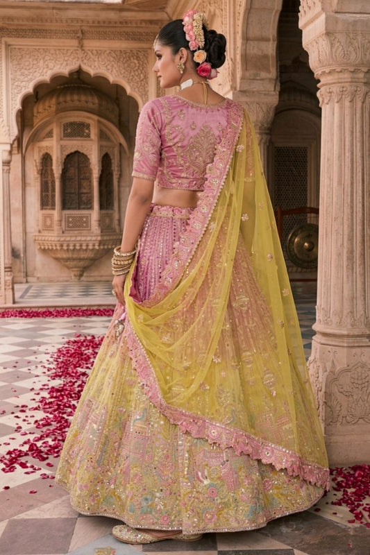 Mustard Yellow and Peach Embroidered Silk Bridal Lehenga Choli