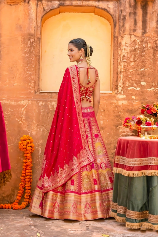Designer Red Silk Embroidered Wedding Lehenga Choli with Gold Diamond and Cutdana Work