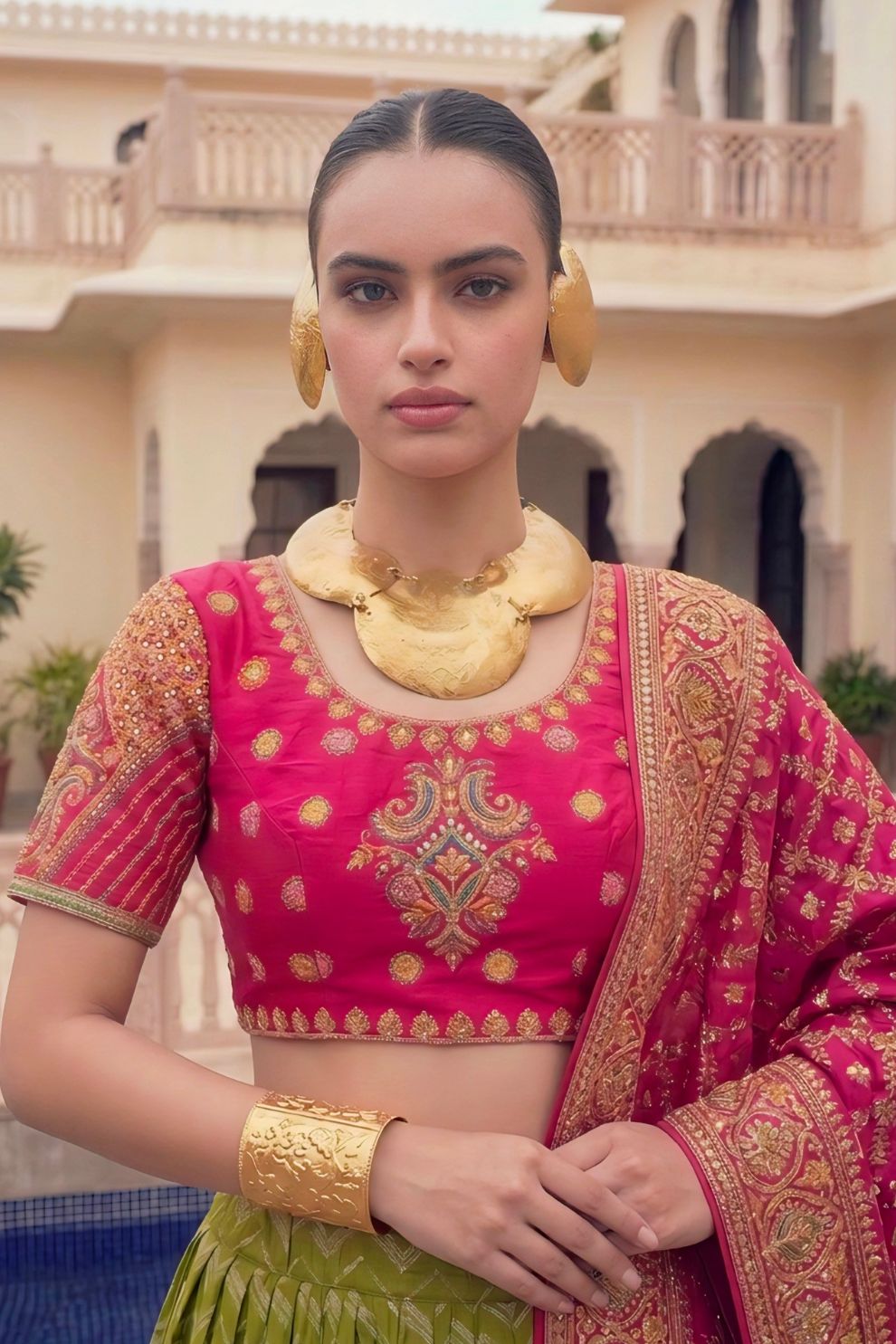 Olive Green Rani Pink Kalamkari Banarasi Lehenga Choli
