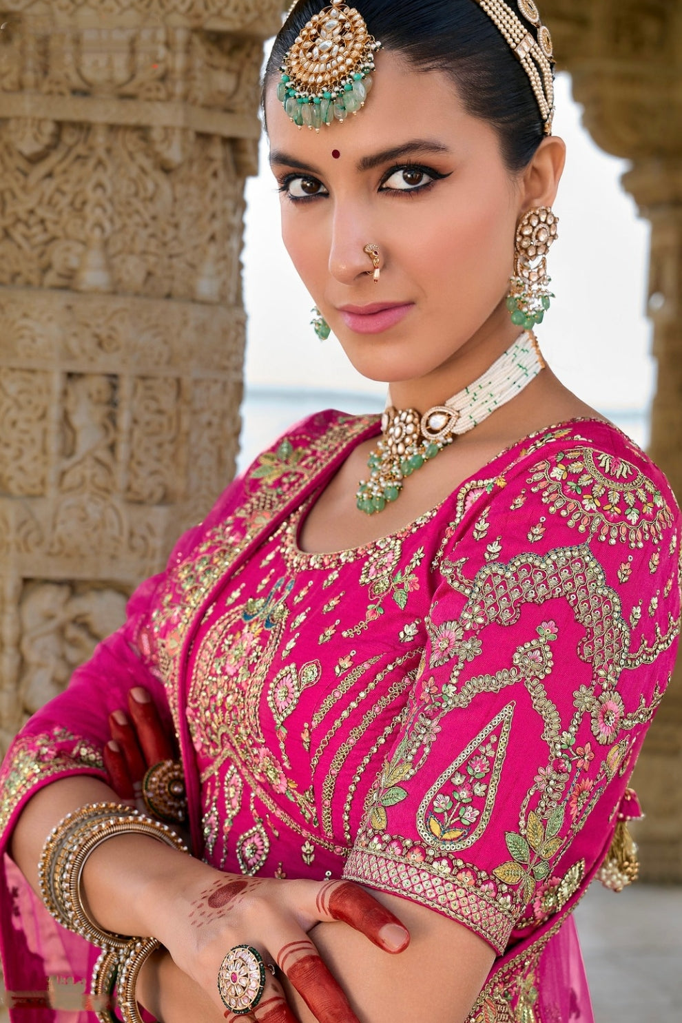 Traditional Rani Pink Silk Embroidered Bridal Lehenga with Sequin and Bead Details