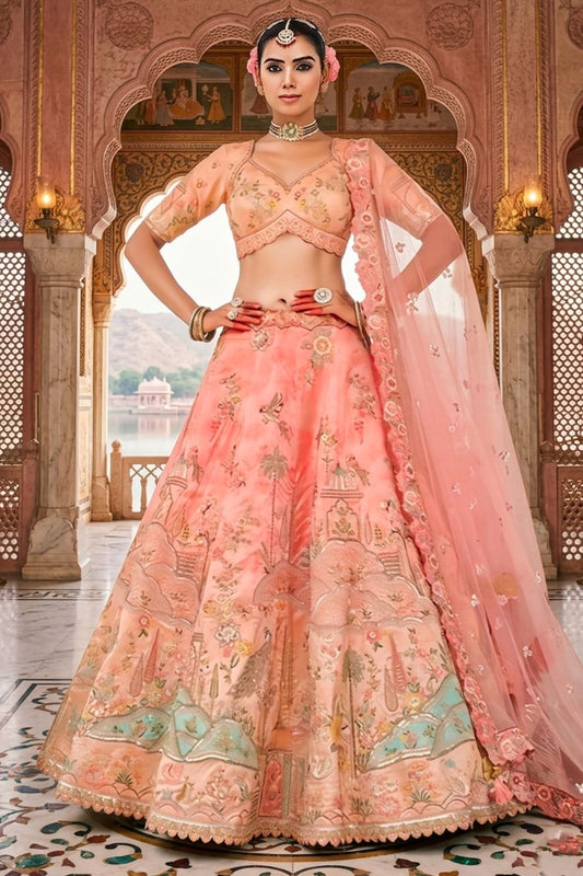 Peach Silk Heavy Mirror & Sequins Embroidered Bridal Lehenga Choli