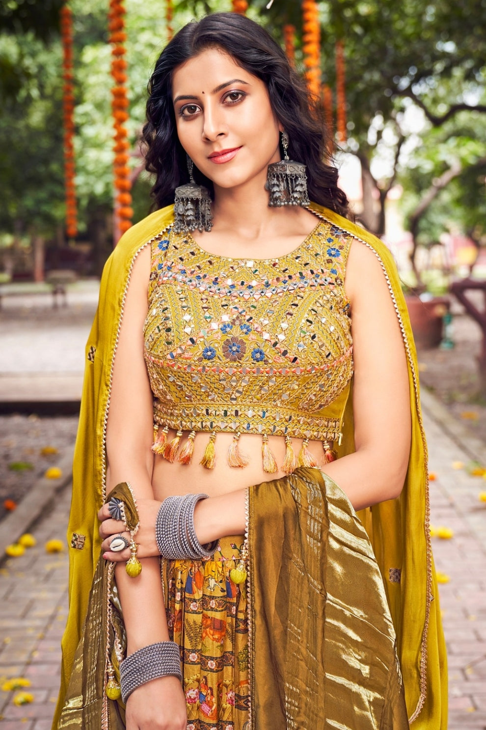Gajji Silk Gorgeous Shaded Brass Green Printed Lehenga Choli