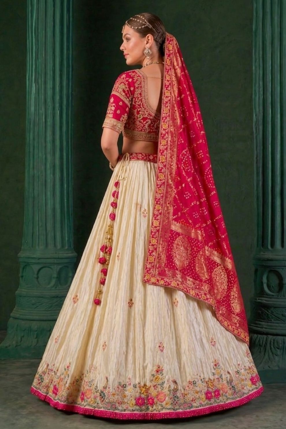 Cream Rani Pink Kalamkari Banarasi Lehenga Choli