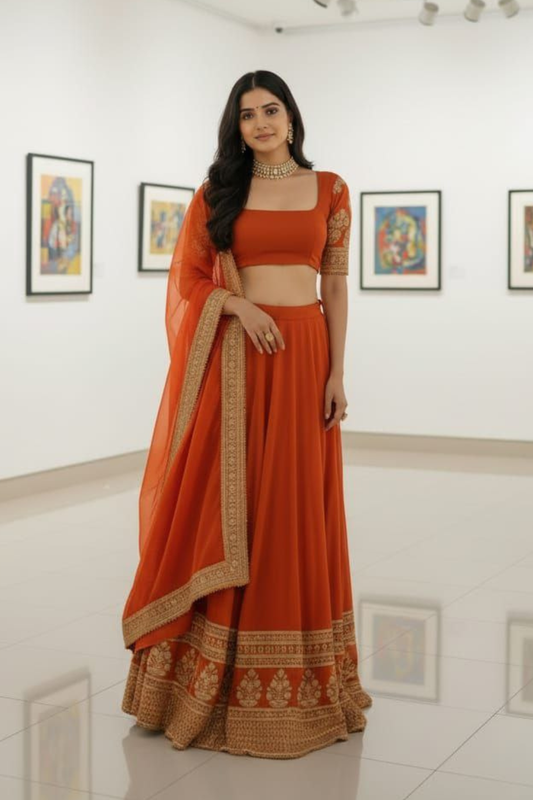 Majestic Orange Zari Embroidered Lehenga Set with Glimmering Sequin Border