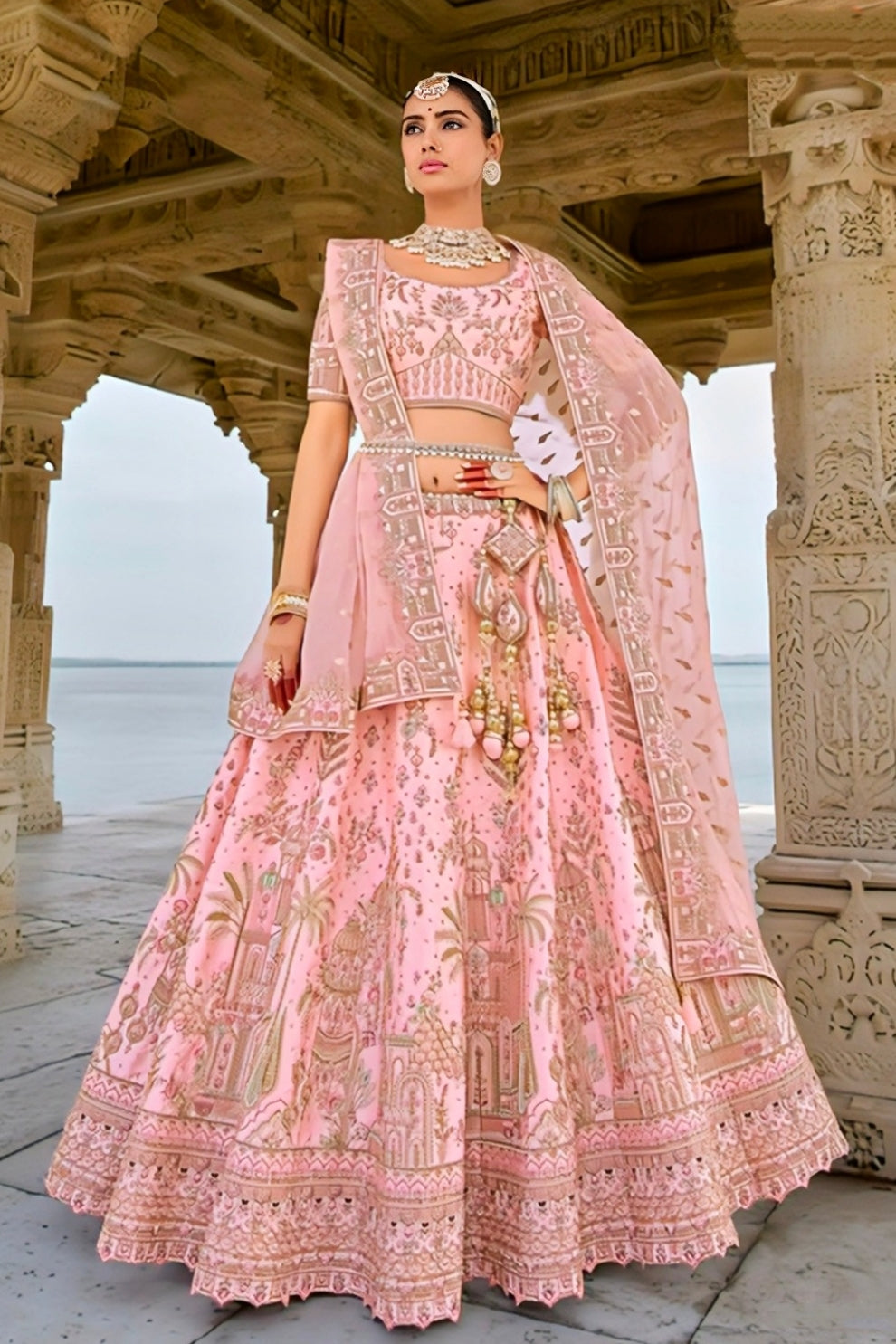 Baby Pink Silk Lehenga Choli with Intricate Palace and Palm Tree Heritage Embroidery