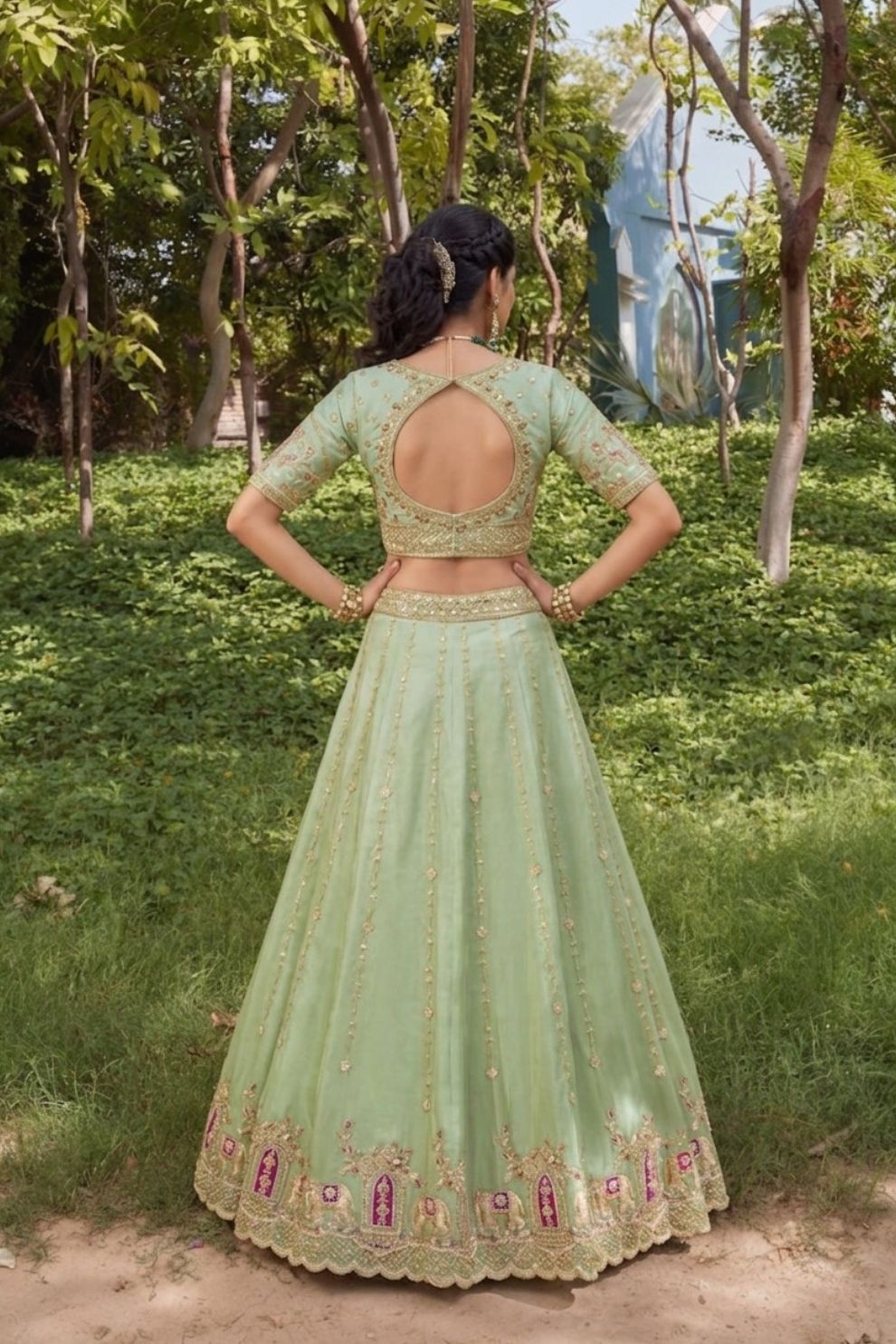 Royal Pista Green Silk Mehendi Lehenga Choli with Bead Embroidery Elegant