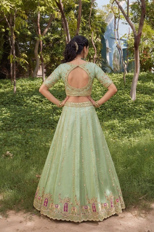 Royal Pista Green Silk Mehendi Lehenga Choli with Bead Embroidery Elegant