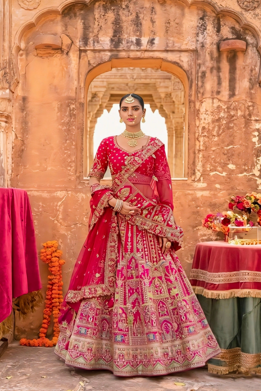 Red Silk Bridal Lehenga Choli with Heavy Zari and Dori Heritage Embroidery
