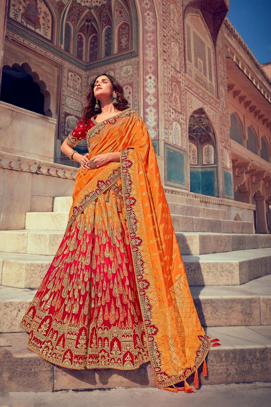 Tangerine Orange Banarasi Silk Lehenga Choli with Zari and Khatli Embroidery