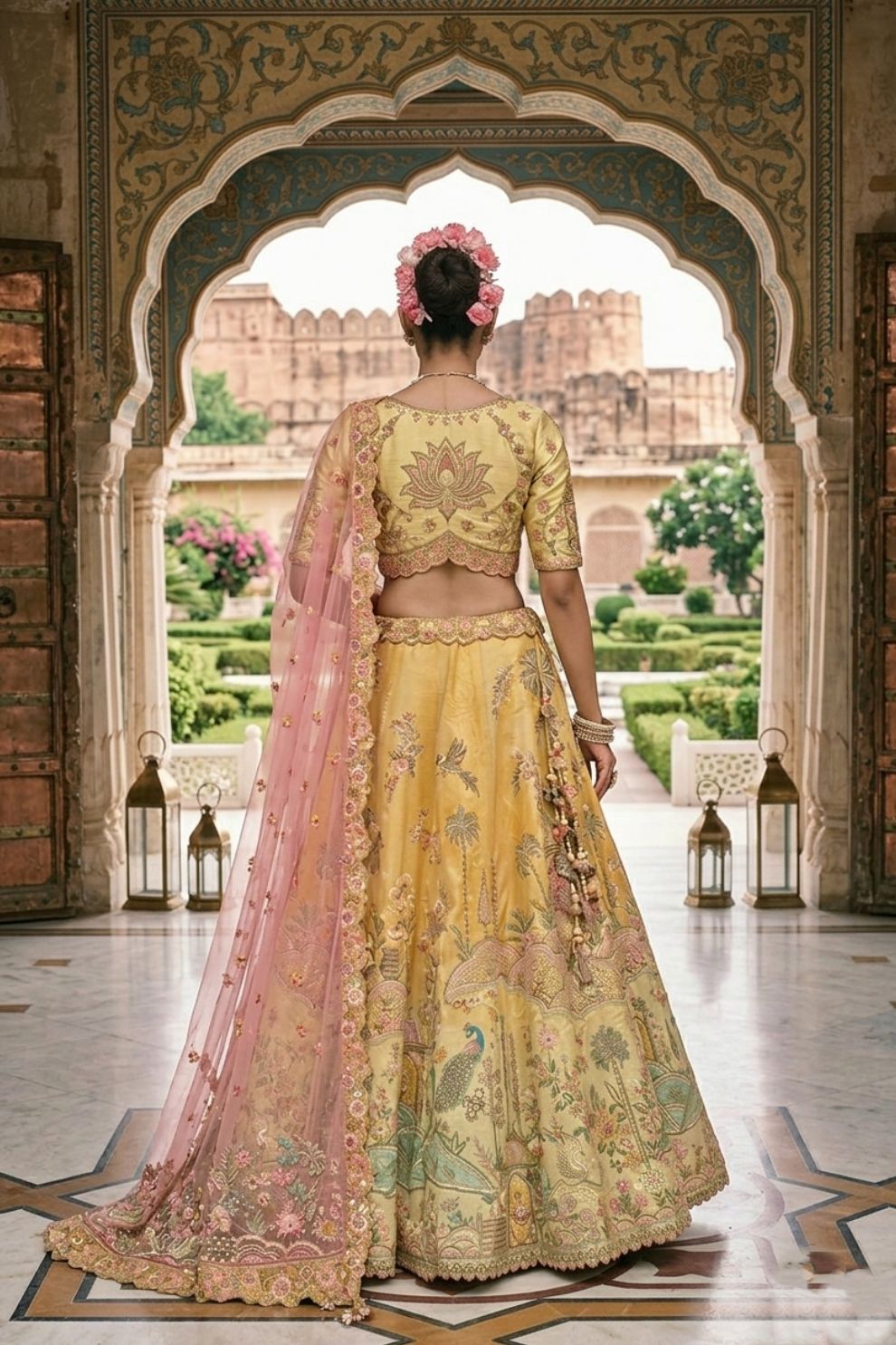 Mustard Yellow and Soft Pink Embroidered Silk Bridal Lehenga Choli