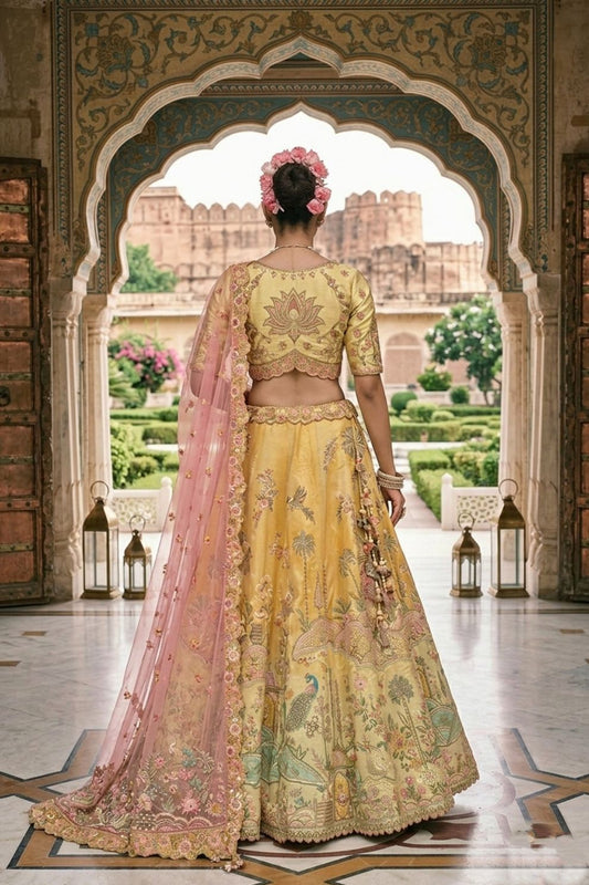Mustard Yellow and Soft Pink Embroidered Silk Bridal Lehenga Choli