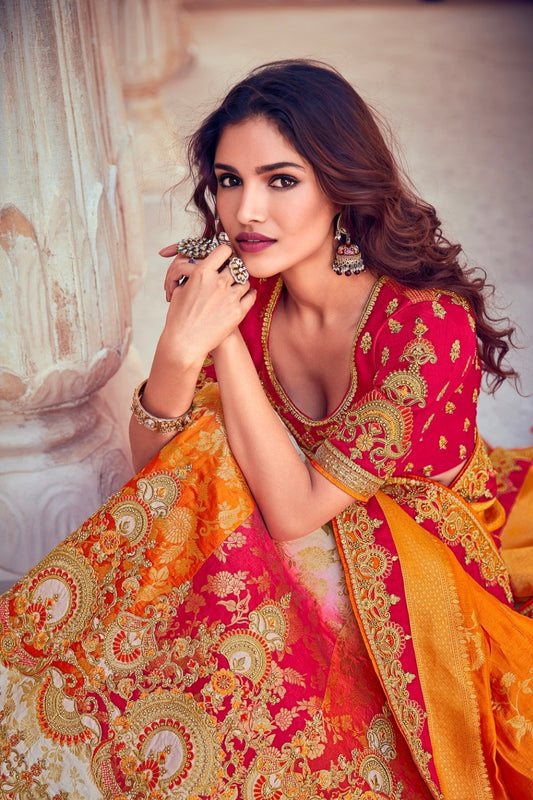 Daisy White & Orange Banarasi Silk Lehenga Choli with Khatli Work Embroidery