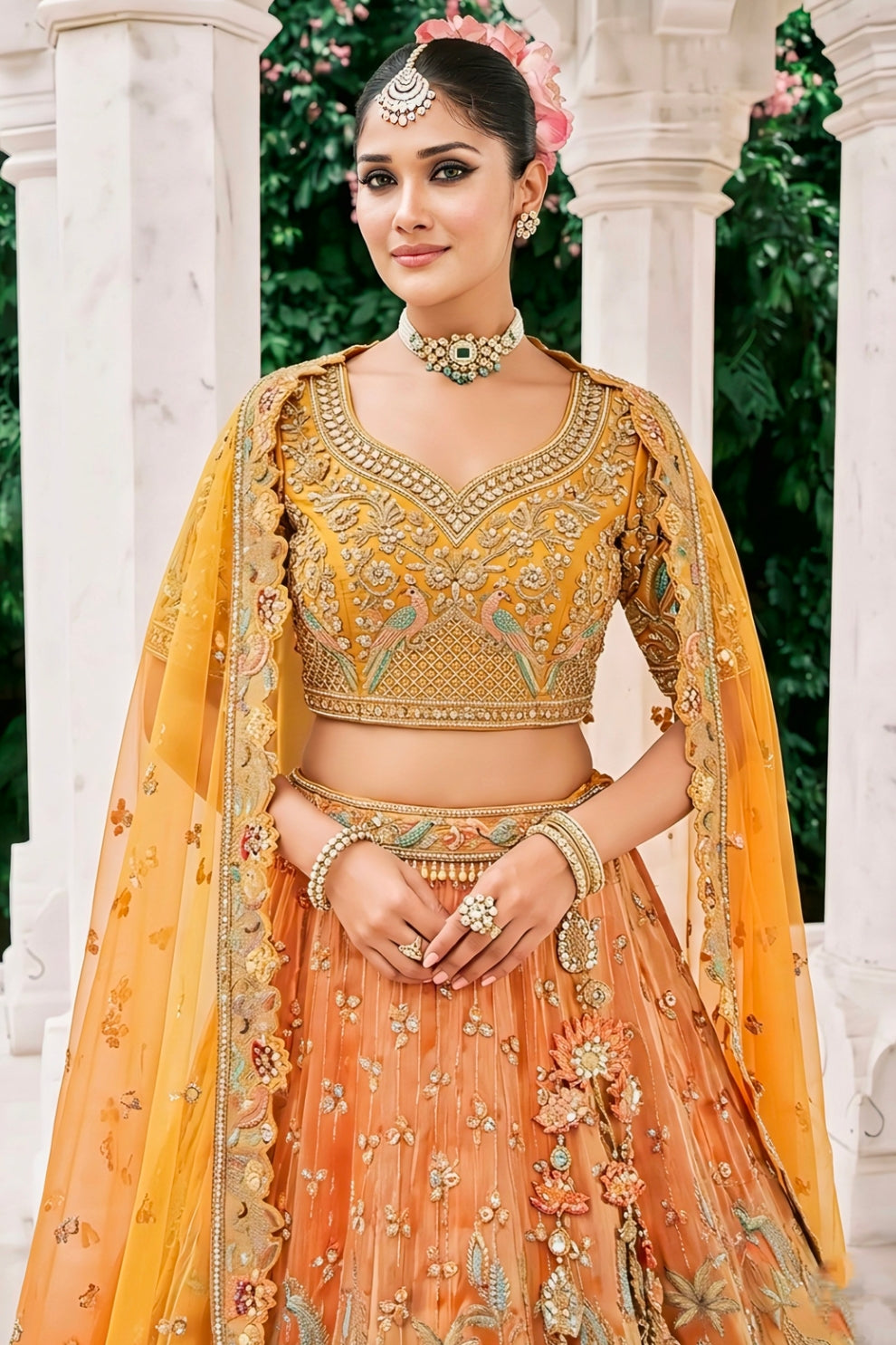 Sterling Mustard Yellow and Orange Embroidered Silk Bridal Lehenga Choli