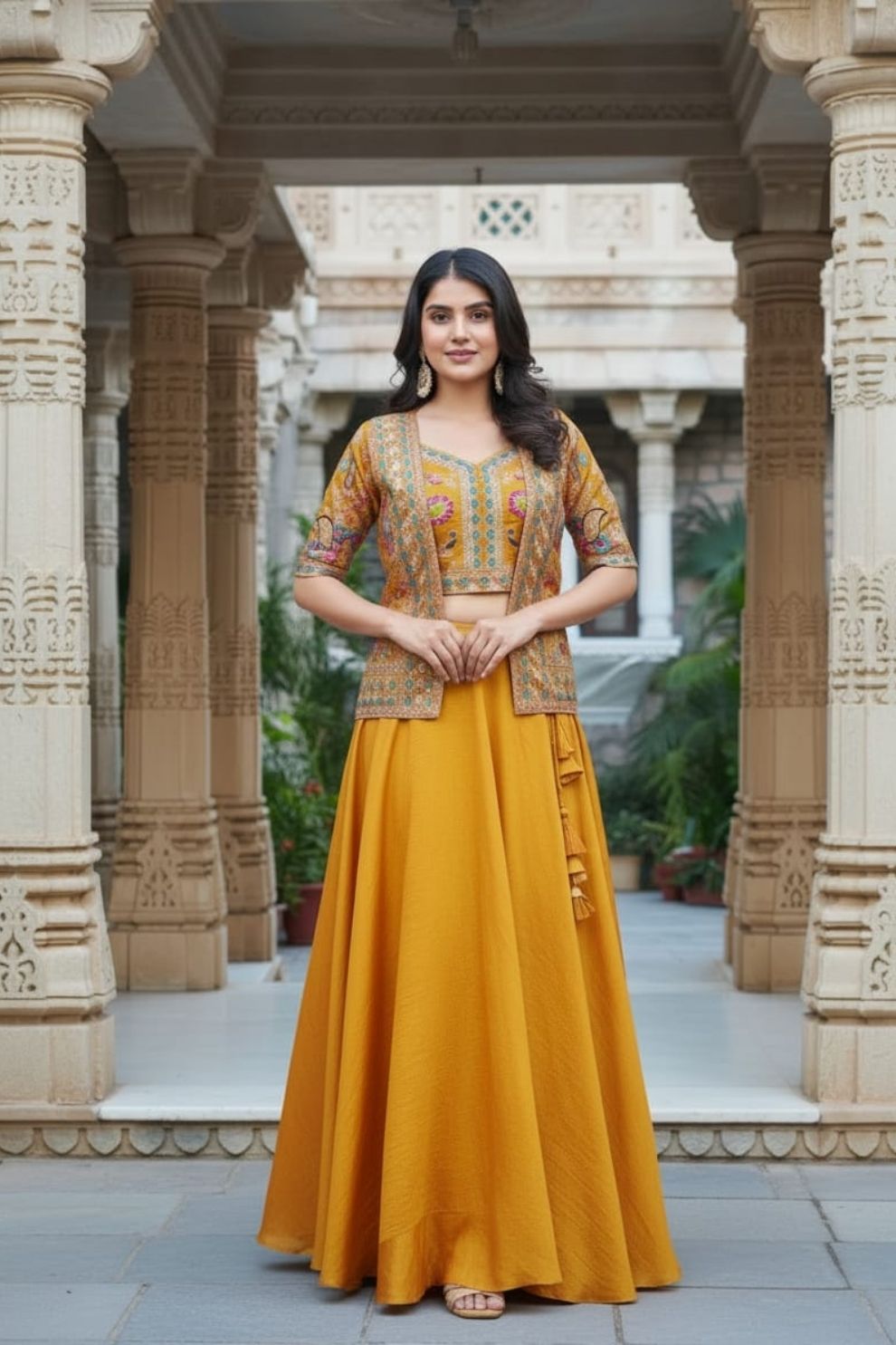 Mustard Yellow Art Silk Skirt Set With Embroidered Jacket