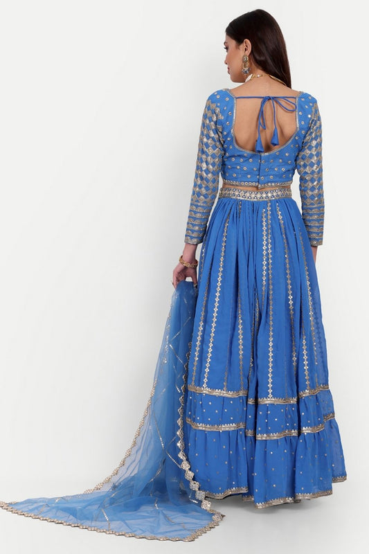 Blue Georgette Semi-Stitched Lehenga Choli with Ruffle Border and Sequin Embroidery