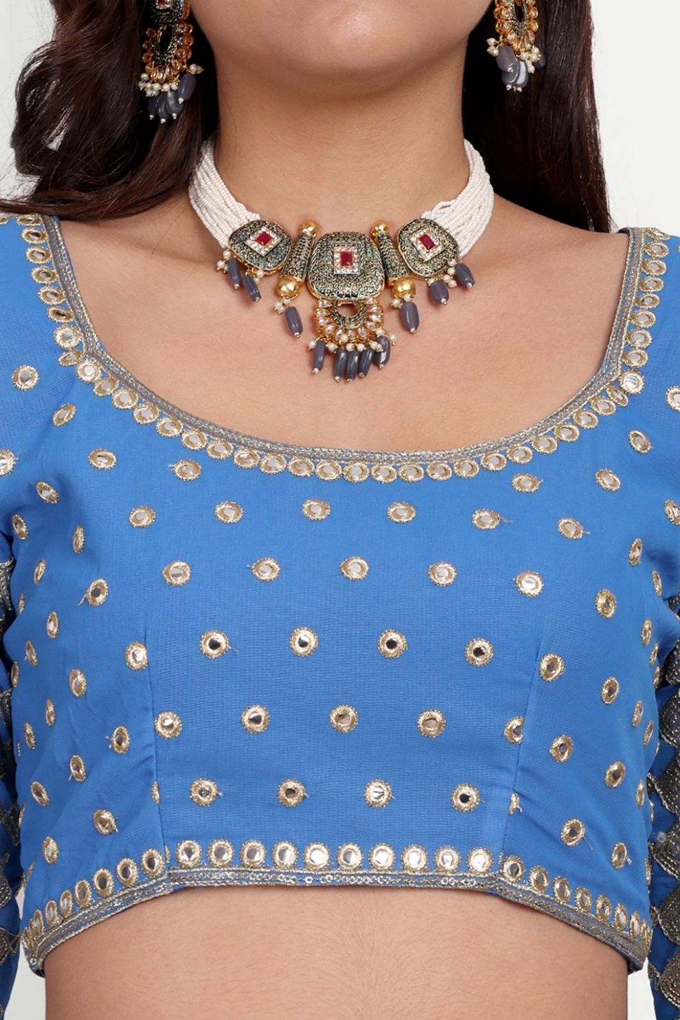Blue Georgette Semi-Stitched Lehenga Choli with Ruffle Border and Sequin Embroidery