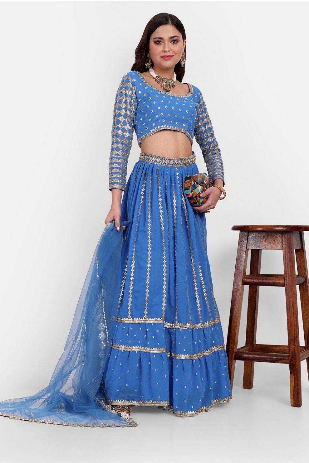 Blue Georgette Semi-Stitched Lehenga Choli with Ruffle Border and Sequin Embroidery