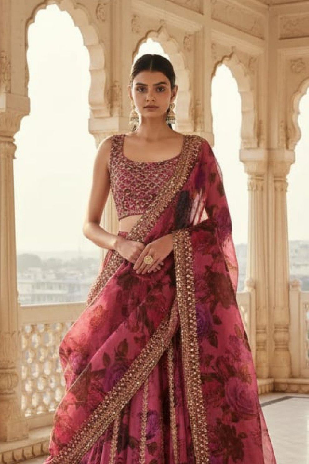 Zari & Sequins Work Floral Printed Organza Lehenga with Embroidered Choli and Dupatta