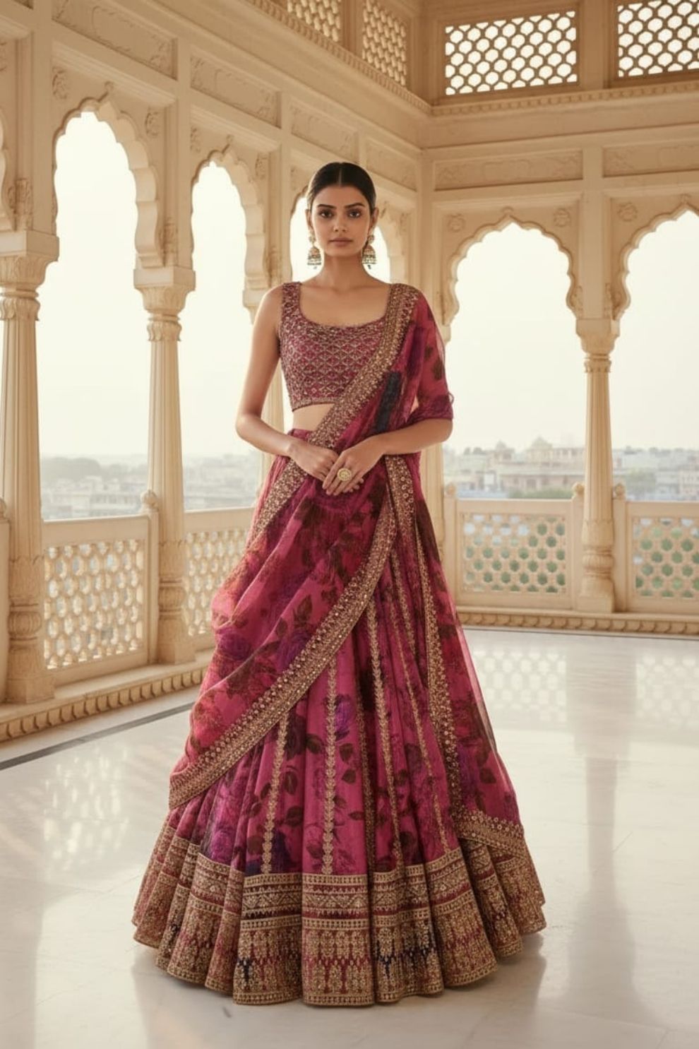 Zari & Sequins Work Floral Printed Organza Lehenga with Embroidered Choli and Dupatta