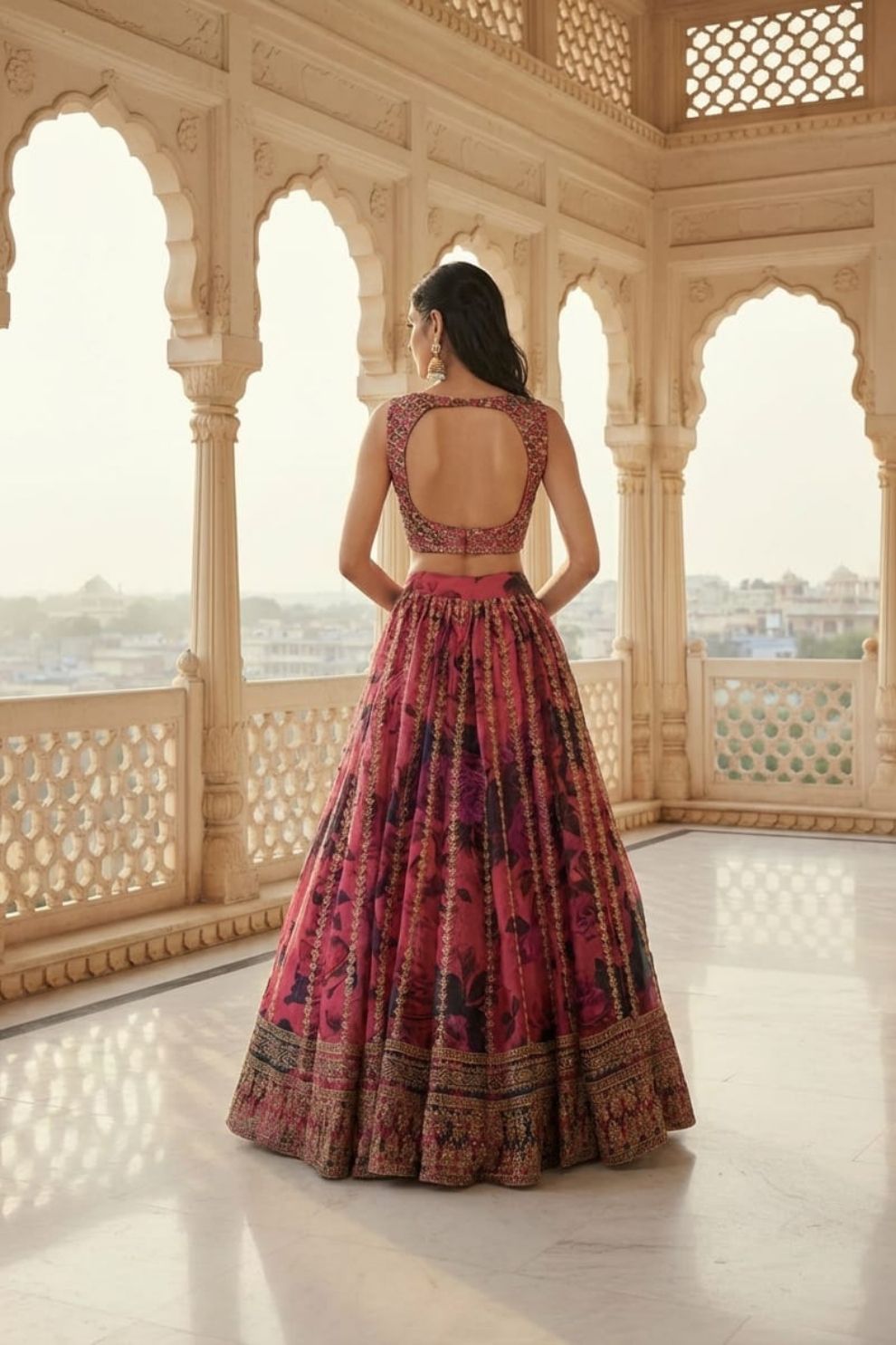 Zari & Sequins Work Floral Printed Organza Lehenga with Embroidered Choli and Dupatta