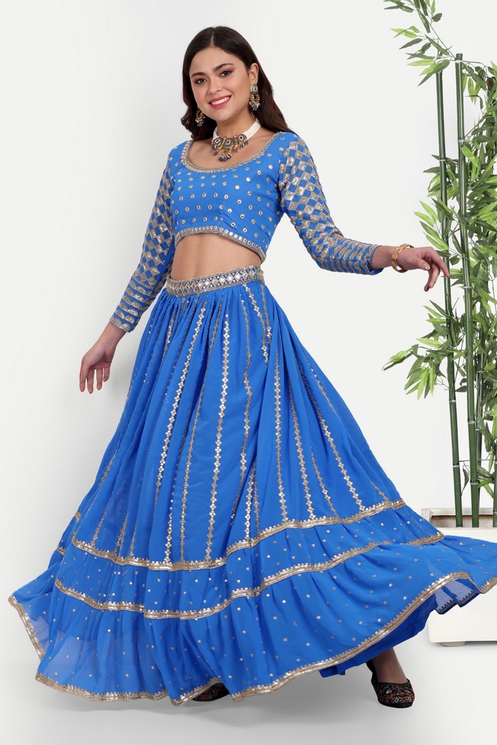 Blue Georgette Semi-Stitched Lehenga Choli with Ruffle Border and Sequin Embroidery