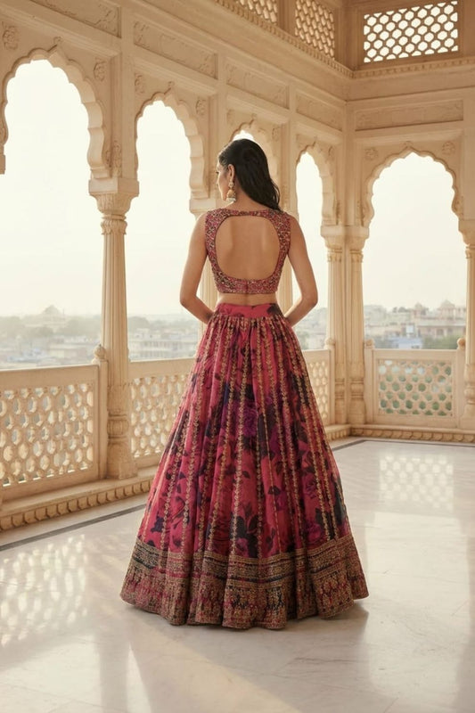 Zari & Sequins Work Floral Printed Organza Lehenga with Embroidered Choli and Dupatta