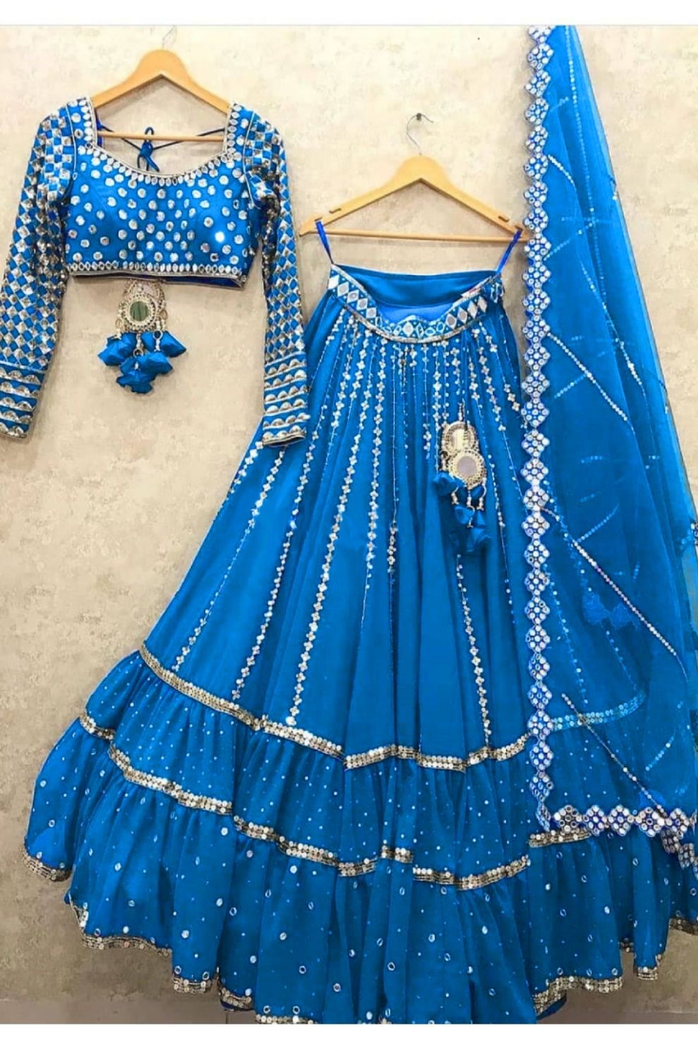 Blue Georgette Semi-Stitched Lehenga Choli with Ruffle Border and Sequin Embroidery