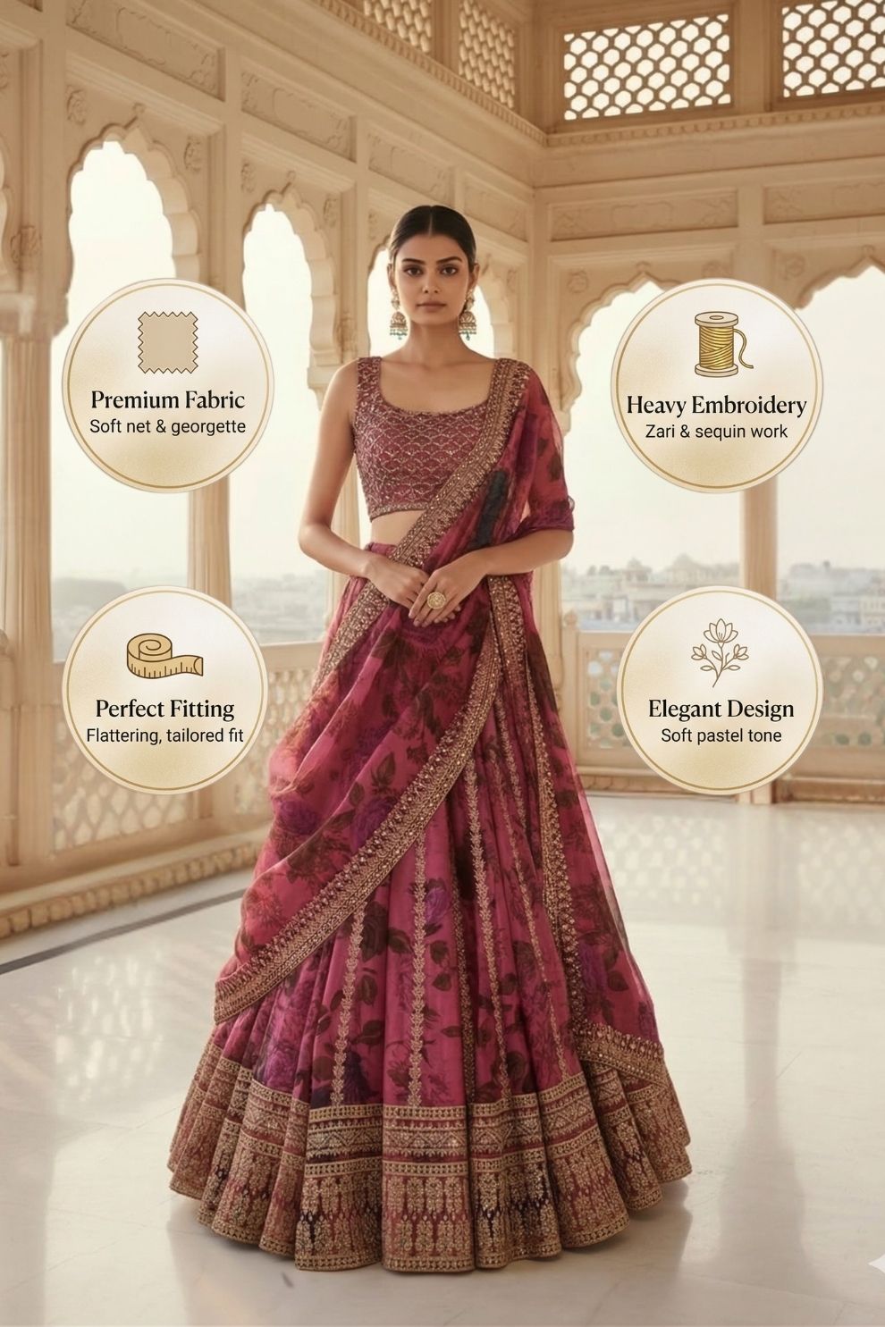 Zari & Sequins Work Floral Printed Organza Lehenga with Embroidered Choli and Dupatta