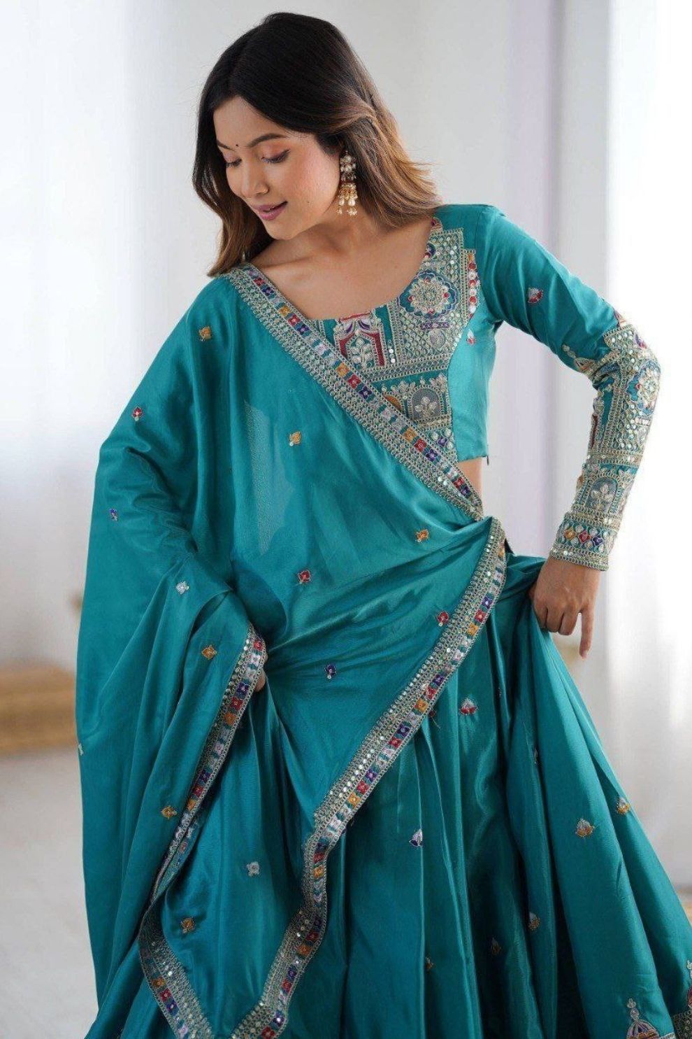 Teal Blue Silk Blend Embroidered Semi-Stitched Lehenga Choli with Dupatta