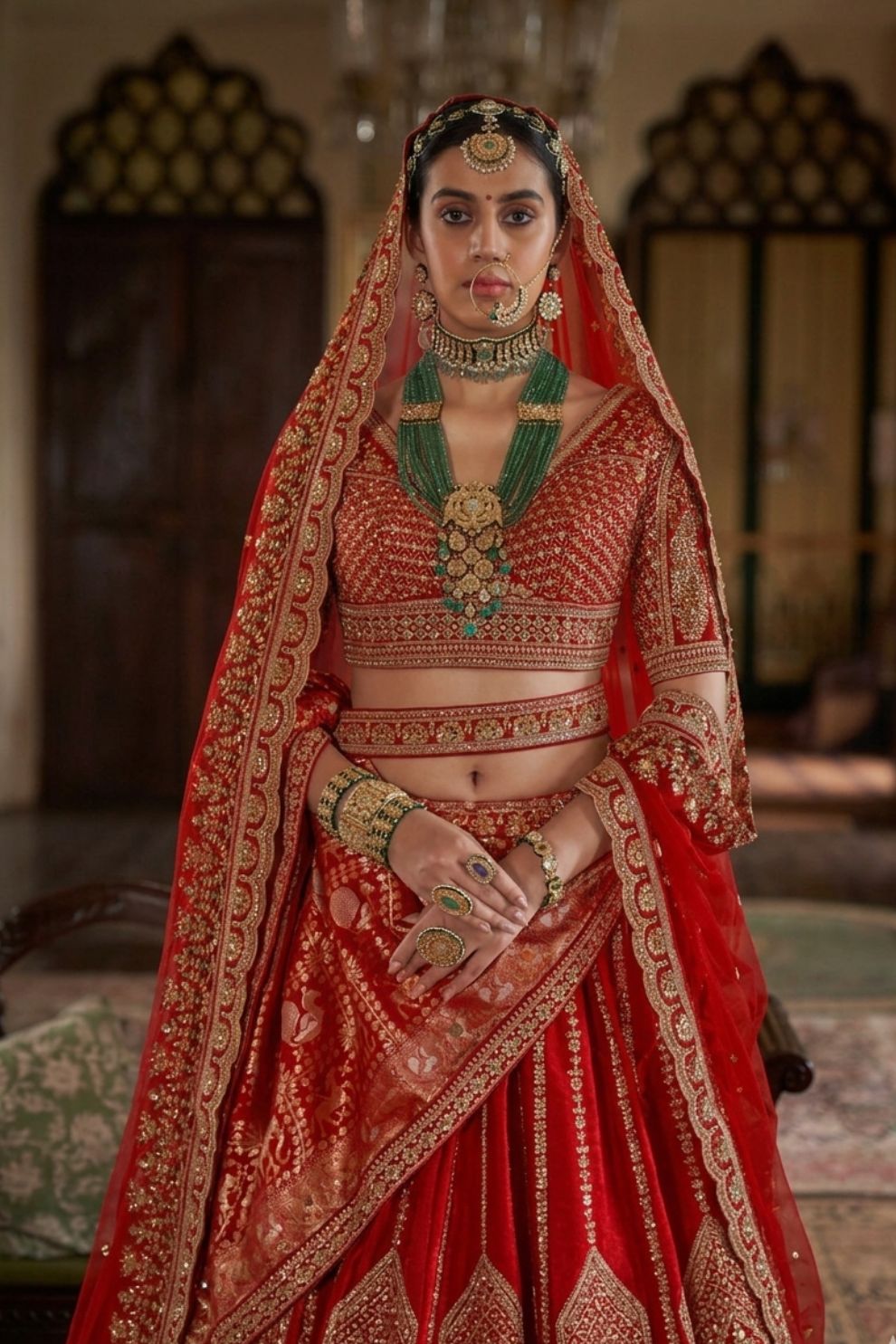 Red Bridal Silk Lehenga with Heavy Zari Embroidery and Double Dupatta
