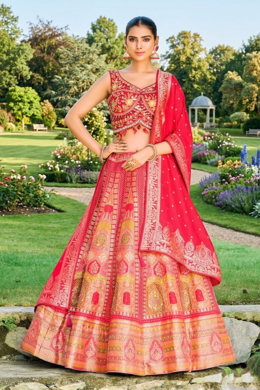 Designer Red Silk Embroidered Wedding Lehenga Choli with Gold Diamond and Cutdana Work
