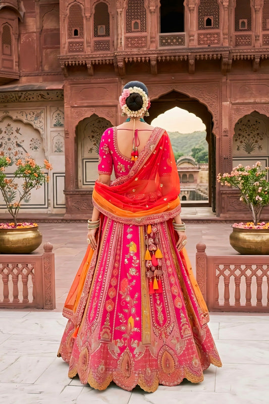 Rani Pink and Orange Silk Embroidered Bridal Lehenga Choli