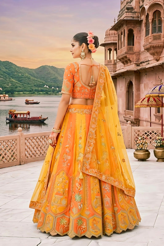 Orange & Mustard Yellow Zari Tissue Embroidered Lehenga Set