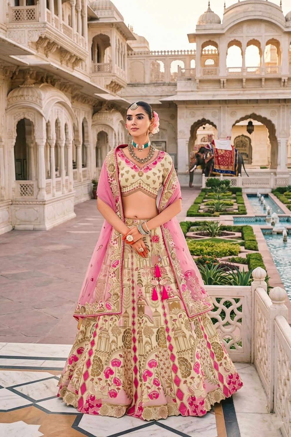 Beige and Pink Embroidered Silk Bridal Lehenga Choli with Net Dupatta