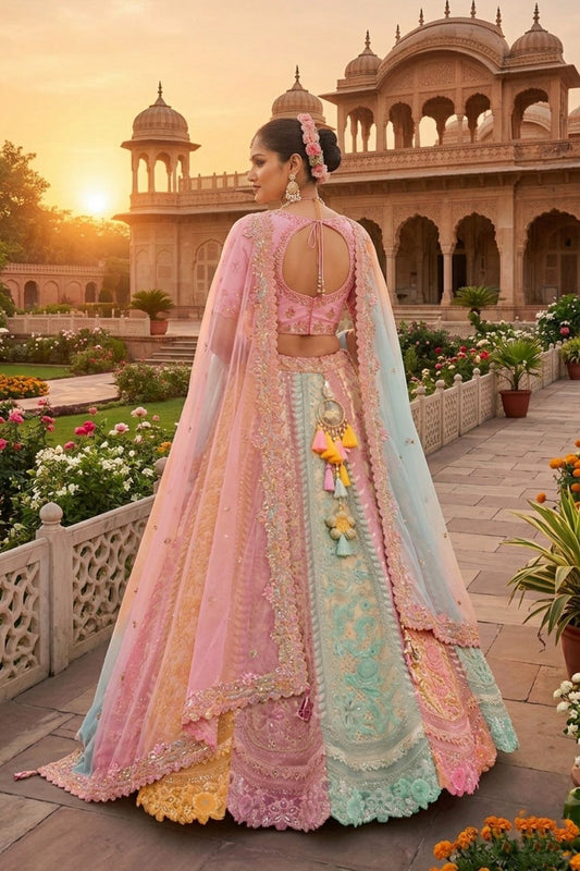 Pastel Multicolor Organza Embroidered Lehenga Set with Ombre Net Dupatta