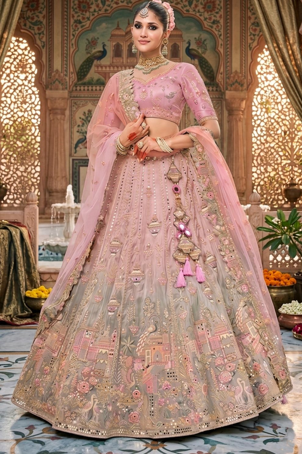 Dusty Pink and Grey Ombre Silk Bridal Lehenga with Thread and Moti Work