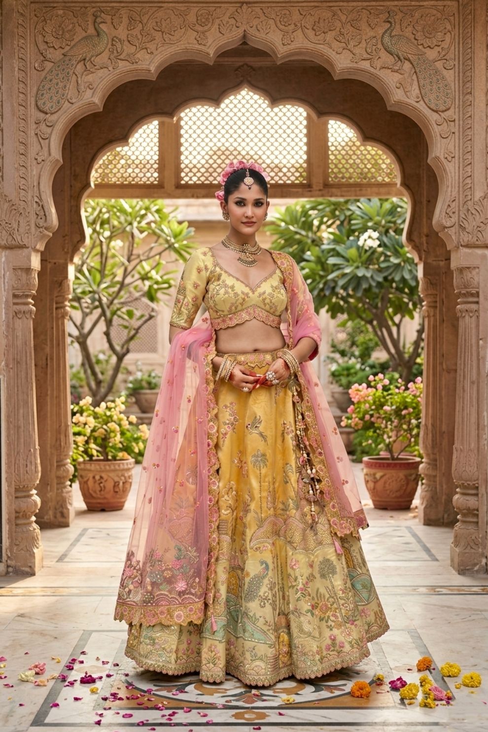 Mustard Yellow and Peach Embroidered Silk Bridal Lehenga Choli