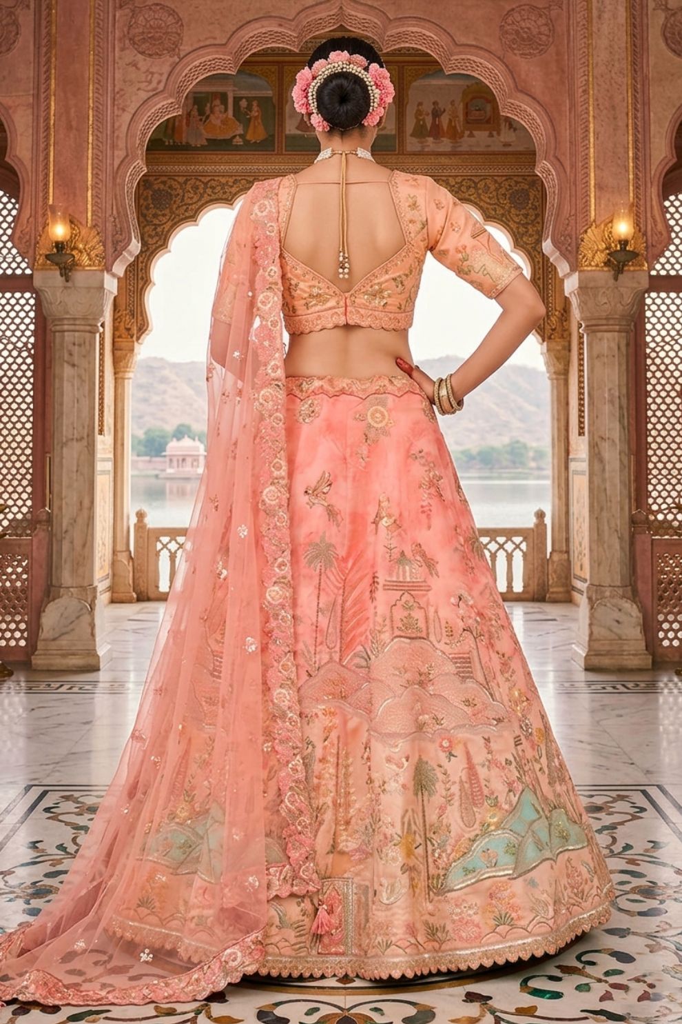 Peach Silk Heavy Mirror & Sequins Embroidered Bridal Lehenga Choli