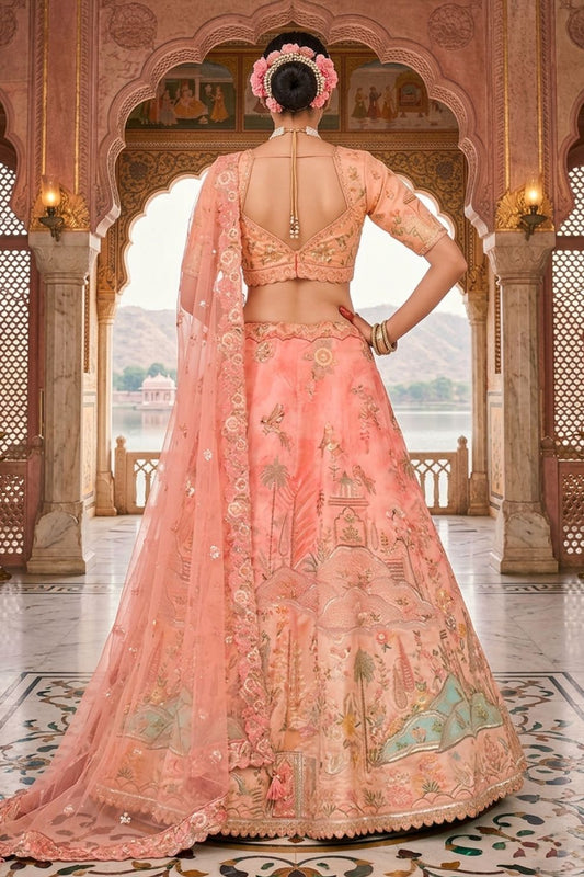 Peach Silk Heavy Mirror & Sequins Embroidered Bridal Lehenga Choli