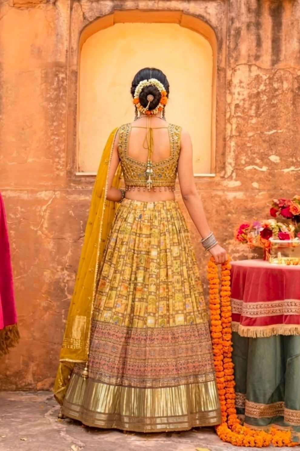 Gajji Silk Gorgeous Shaded Brass Green Printed Lehenga Choli