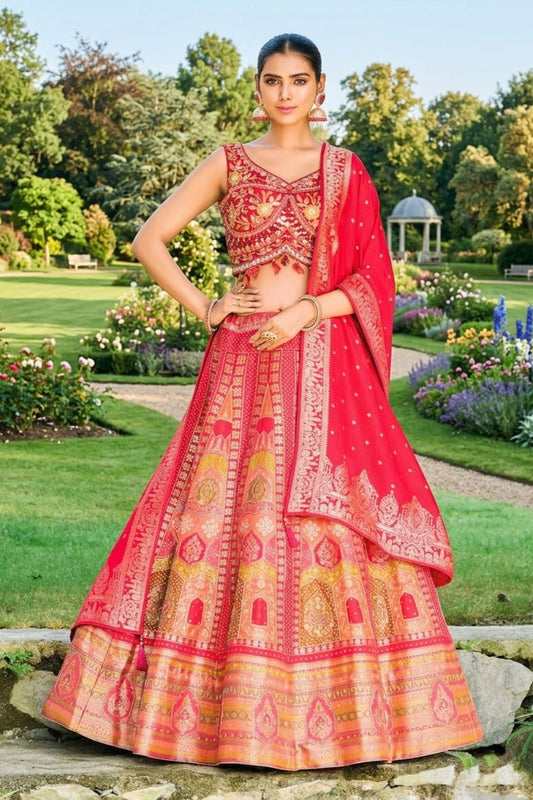 Designer Red Silk Embroidered Wedding Lehenga Choli with Gold Diamond and Cutdana Work
