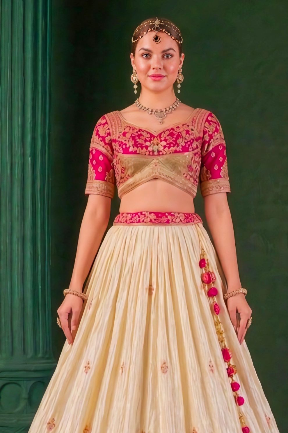 Cream Rani Pink Kalamkari Banarasi Lehenga Choli