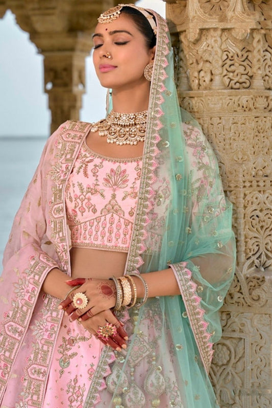 Baby Pink Silk Lehenga Choli with Intricate Palace and Palm Tree Heritage Embroidery