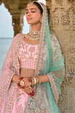 Baby Pink Silk Lehenga Choli with Intricate Palace and Palm Tree Heritage Embroidery