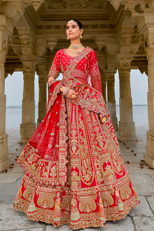 Red Silk Bridal Lehenga Choli with Heavy Zari and Dori Heritage Embroidery