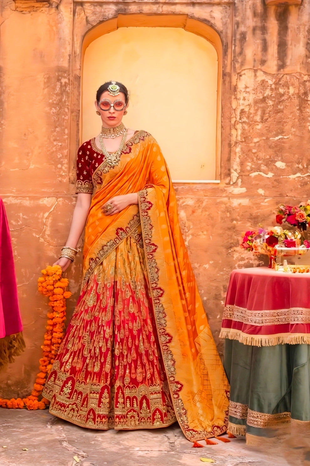 Tangerine Orange Banarasi Silk Lehenga Choli with Zari and Khatli Embroidery